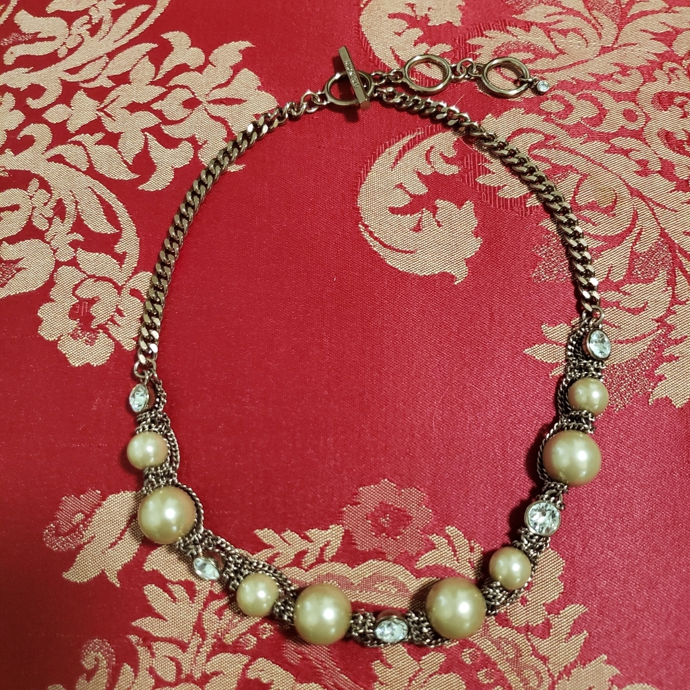 Givenchy Bronze Faux Pearl Rhinestone Chain Necklace